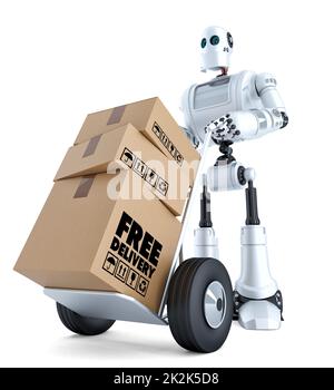3D Robot corriere con carrello a mano. Concetto di consegna gratuita. Isolato con tracciato di ritaglio Foto Stock