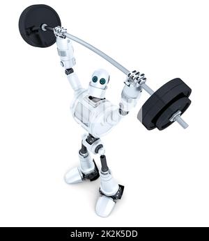 Robot con Barbell. Concetto di tecnologia. Isolato. Contiene il tracciato di ritaglio. Foto Stock