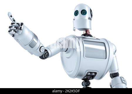 Robot che punta verso un oggetto invisibile. Isolato. Contiene il tracciato di ritaglio Foto Stock