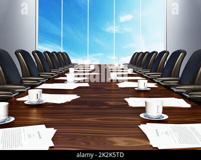 Tavolo della sala riunioni con sedie in pelle nera. Illustrazione 3D Foto Stock