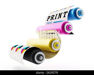 Stampante CMYK con stampa di prova. Illustrazione 3D Foto Stock