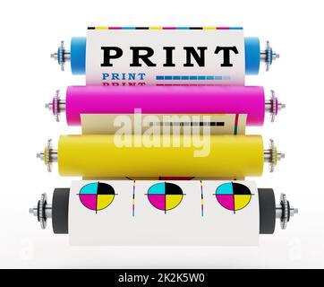 Stampante CMYK con stampa di prova. Illustrazione 3D Foto Stock