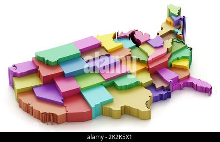 Mappa multicolore degli Stati Uniti che mostra i confini dello stato. Illustrazione 3D Foto Stock