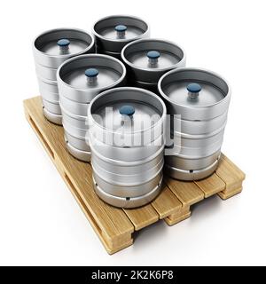 Pila di barili di birra in metallo su palette di legno. Illustrazione 3D Foto Stock