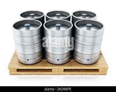 Pila di barili di birra in metallo su palette di legno. Illustrazione 3D Foto Stock