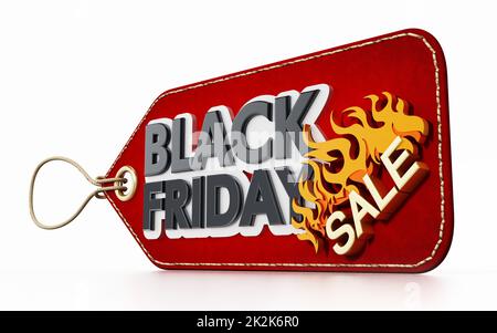 Rosso Black Friday Vendita tag isolato su sfondo bianco. Illustrazione 3D Foto Stock