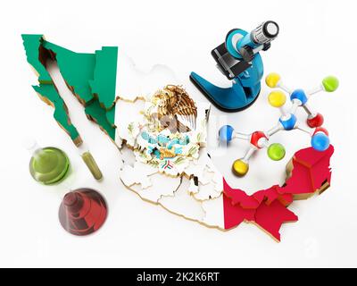 Mappa del Messico e strumenti di laboratorio. Concetto di narcotica. Illustrazione 3D Foto Stock