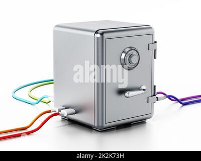 Cavi USB collegati alla cassaforte in acciaio. Illustrazione 3D Foto Stock