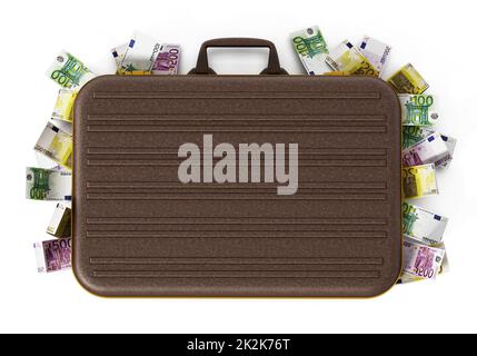 Pile di Euro all'interno della valigetta. Illustrazione 3D Foto Stock