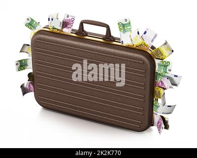 Pile di Euro all'interno della valigetta. Illustrazione 3D Foto Stock