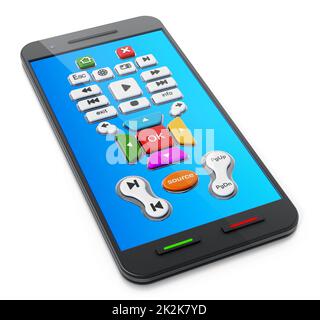 Applicazione Smart Remote Controller sullo schermo dello smartphone. Illustrazione 3D Foto Stock