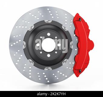 Disco del freno e pinza rossa isolati su sfondo bianco. Illustrazione 3D Foto Stock