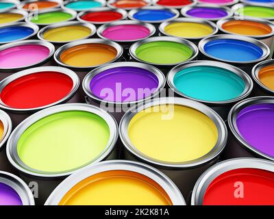 Taniche di vernice multicolore sfondo. Illustrazione 3D Foto Stock