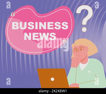 Calligrafia testo Business News. Vetrina aziendale Avviso commerciale relazione commerciale aggiornamento del mercato Corporate Insight Lady Drawing Brainstorming nuove soluzioni circondate da punti interrogativi Foto Stock