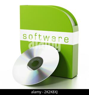 Software box verde isolato su sfondo bianco. Illustrazione 3D Foto Stock