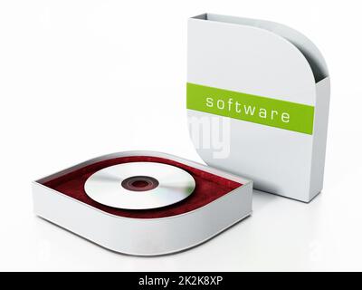Software box con coperchio aperto isolato su sfondo bianco. Illustrazione 3D Foto Stock