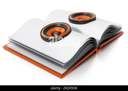 Audiolibro con altoparlanti su libro aperto. Illustrazione 3D Foto Stock