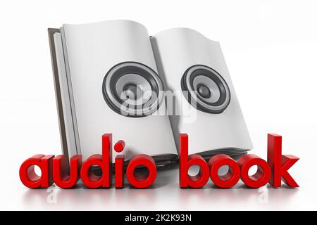 Audiolibro con altoparlanti su libro aperto. Illustrazione 3D Foto Stock