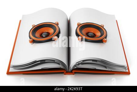 Audiolibro con altoparlanti su libro aperto. Illustrazione 3D Foto Stock