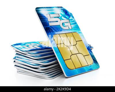 5G schede SIM isolate su sfondo bianco. Illustrazione 3D Foto Stock