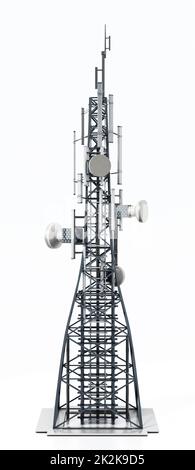 Torre di telecomunicazioni in acciaio con parabole satellitari. Illustrazione 3D Foto Stock