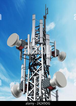 Torre di telecomunicazioni in acciaio con parabole satellitari. Illustrazione 3D Foto Stock