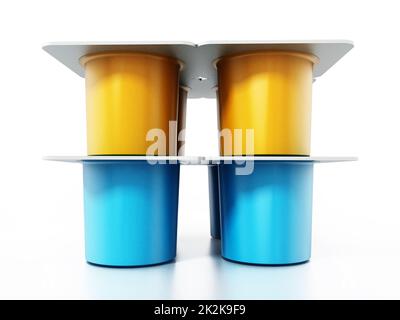 Confezioni di yogurt alla frutta isolate su sfondo bianco. Illustrazione 3D Foto Stock