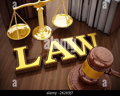 Parola di legge, gavel e scala equilibrata su tavola di legno. Illustrazione 3D Foto Stock