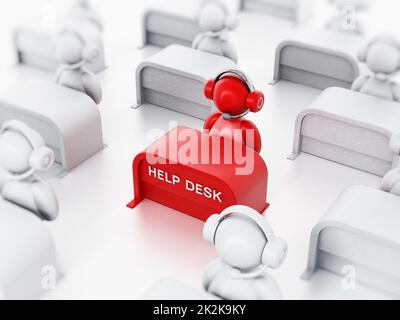 Rappresentante del cliente con l'auricolare seduto all'help desk. Illustrazione 3D Foto Stock