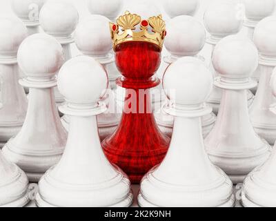 Pedina rossa a scacchi con corona dorata che spicca tra pedine bianche. Illustrazione 3D Foto Stock