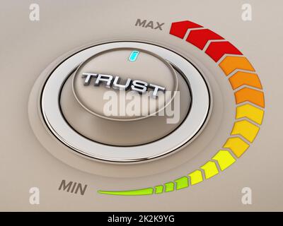 Manopola di controllo in stile vintage con parola trust. Illustrazione 3D Foto Stock