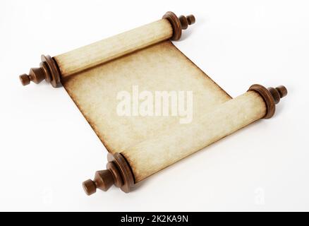 Vecchio rotolo isolato su sfondo bianco. Illustrazione 3D Foto Stock