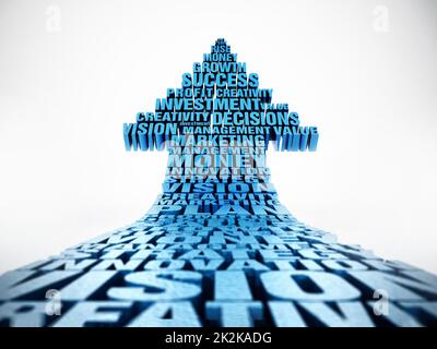 Freccia crescente composta da parole. Business e concetto di successo. Illustrazione 3D Foto Stock