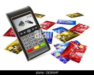 Macchina POS e carte di credito isolate su sfondo bianco. Illustrazione 3D Foto Stock