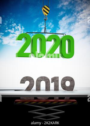 2020 numero portato da gru sostituisce 2019. Illustrazione 3D Foto Stock