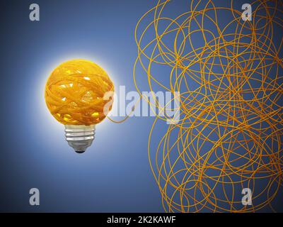 Corda aggrovigliata che forma una lampadina su sfondo blu. Illustrazione 3D Foto Stock