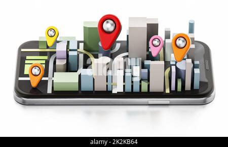Edifici cittadini e spille colorate sullo smartphone. Illustrazione 3D Foto Stock