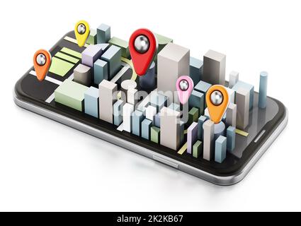 Edifici cittadini e spille colorate sullo smartphone. Illustrazione 3D Foto Stock