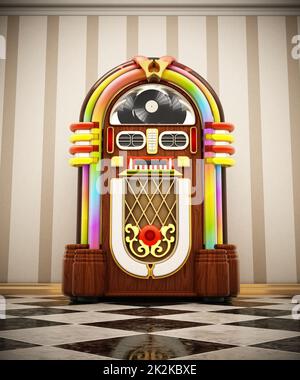 Jukebox in piedi su un terreno a dama accanto al muro. Illustrazione 3D Foto Stock