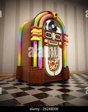 Jukebox in piedi su un terreno a dama accanto al muro. Illustrazione 3D Foto Stock