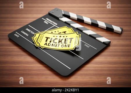 Biglietti per clapboard e cinema in piedi su una superficie di legno. Illustrazione 3D Foto Stock