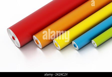 Pellicole adesive colorate vibranti isolate su sfondo bianco. Illustrazione 3D Foto Stock