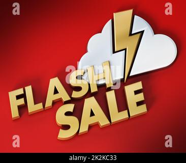 Testo di vendita flash, cloud e icona dei fulmini. Illustrazione 3D Foto Stock