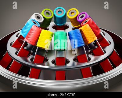 Macchina per centrifuga con provette piene di campioni di sangue. Illustrazione 3D Foto Stock