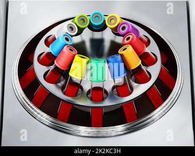 Macchina per centrifuga con provette piene di campioni di sangue. Illustrazione 3D Foto Stock