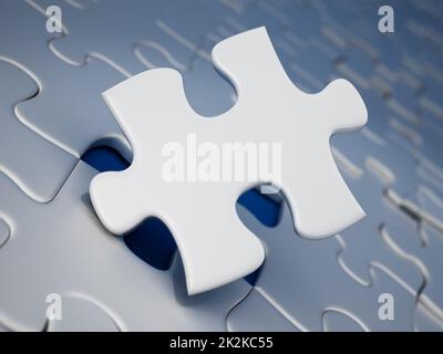 Puzzle pezzo in piedi accanto al foro della parte mancante. Illustrazione 3D Foto Stock