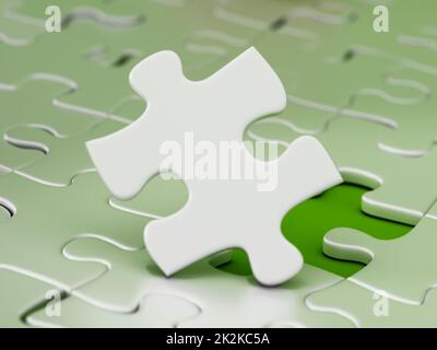 Puzzle pezzo in piedi accanto al foro della parte mancante. Illustrazione 3D Foto Stock