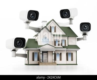 Casa protetta con telecamere di sorveglianza CCTV. Illustrazione 3D Foto Stock