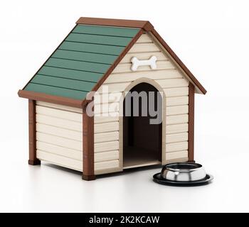 Doghouse e ciotola di cibo isolato su sfondo bianco. Illustrazione 3D Foto Stock