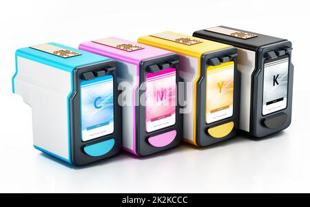 Cartucce CMYK per stampanti a getto d'inchiostro generiche isolate su sfondo bianco. Illustrazione 3D Foto Stock